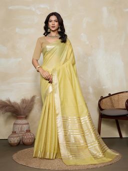 BFM - Yellow-Beige Solid Woven Design Linen Blend Saree with Unstitched Blouse