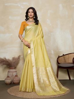 BFM - Yellow-Gold Solid Woven Design Linen Blend Saree with Unstitched Blouse