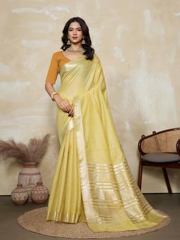 BFM - Yellow-Mustard Solid Woven Design Linen Blend Saree with Unstitched Blouse