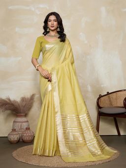BFM - Yellow-Parrot Green Solid Woven Design Linen Blend Saree with Unstitched Blouse