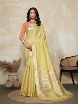 BFM - Yellow-Peach Solid Woven Design Linen Blend Saree with Unstitched Blouse