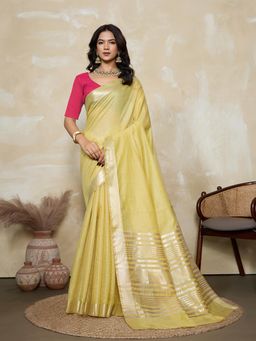 BFM - Yellow-Rani Pink Solid Woven Design Linen Blend Saree with Unstitched Blouse
