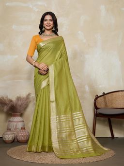 BFM - Parrot Green-Gold Solid Woven Design Linen Blend Saree with Unstitched Blouse