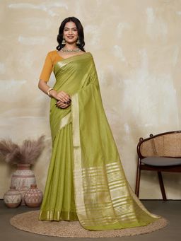 BFM - Parrot Green-Mustard Solid Woven Design Linen Blend Saree with Unstitched Blouse