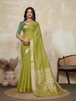 BFM - Parrot Green-Rama Solid Woven Design Linen Blend Saree with Unstitched Blouse