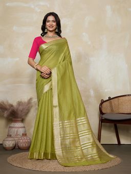 BFM - Parrot Green-Rani Pink Solid Woven Design Linen Blend Saree with Unstitched Blouse