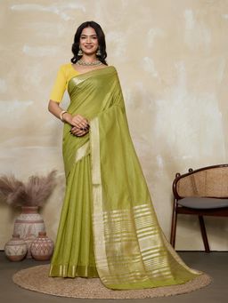BFM - Parrot Green-Yellow Solid Woven Design Linen Blend Saree with Unstitched Blouse