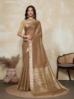 BFM - Brown-Beige Solid Woven Design Linen Blend Saree with Unstitched Blouse
