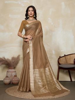 BFM - Brown Solid Woven Design Linen Blend Saree with Unstitched Blouse
