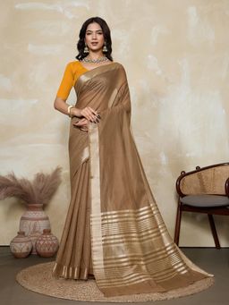 BFM - Brown-Gold Solid Woven Design Linen Blend Saree with Unstitched Blouse