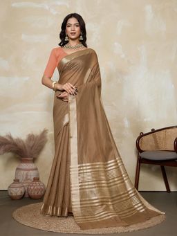 BFM - Brown-Peach Solid Woven Design Linen Blend Saree with Unstitched Blouse