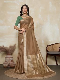 BFM - Brown-Rama Green Solid Woven Design Linen Blend Saree with Unstitched Blouse