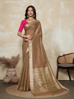BFM - Brown-Rani Pink Solid Woven Design Linen Blend Saree with Unstitched Blouse