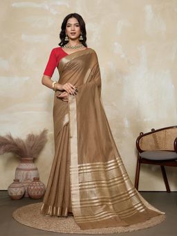 BFM - Brown-Red Solid Woven Design Linen Blend Saree with Unstitched Blouse