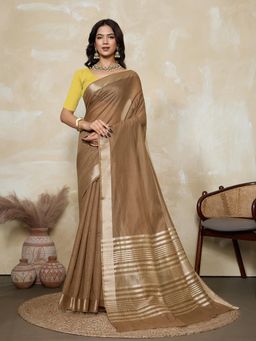 BFM - Brown-Yellow Solid Woven Design Linen Blend Saree with Unstitched Blouse