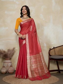 BFM - Red-Gold Solid Woven Design Linen Blend Saree with Unstitched Blouse