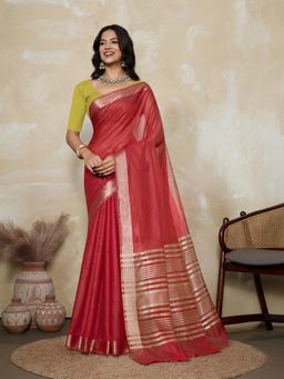 BFM - Red-Parrot Green Solid Woven Design Linen Blend Saree with Unstitched Blouse