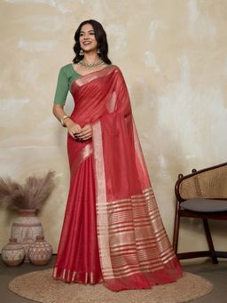 BFM - Red-Rama Green Solid Woven Design Linen Blend Saree with Unstitched Blouse
