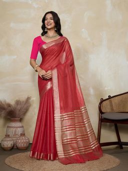 BFM - Red-Rani Pink Solid Woven Design Linen Blend Saree with Unstitched Blouse