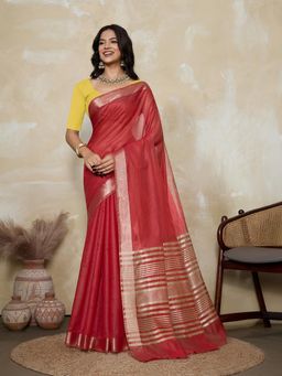 BFM - Red-Yellow Solid Woven Design Linen Blend Saree with Unstitched Blouse