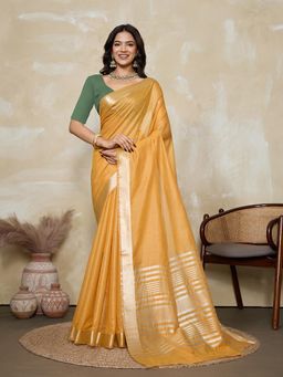BFM - Gold-Rama Green Solid Woven Design Linen Blend Saree with Unstitched Blouse