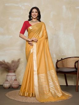 BFM - Gold-Red Solid Woven Design Linen Blend Saree with Unstitched Blouse