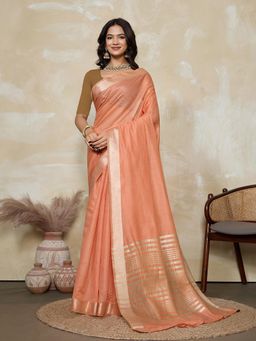 BFM - Peach-Brown Solid Woven Design Linen Blend Saree with Unstitched Blouse