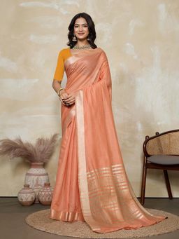 BFM - Peach-Gold Solid Woven Design Linen Blend Saree with Unstitched Blouse