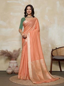 BFM - Peach-Rama Green Solid Woven Design Linen Blend Saree with Unstitched Blouse