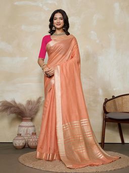 BFM - Peach-Rani Pink Solid Woven Design Linen Blend Saree with Unstitched Blouse