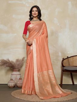 BFM - Peach-Red Solid Woven Design Linen Blend Saree with Unstitched Blouse