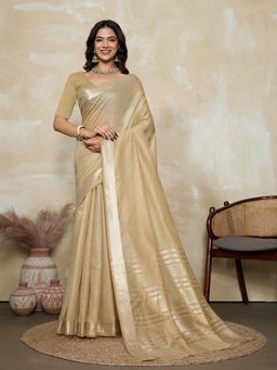BFM - Beige Solid Woven Design Linen Blend Saree with Unstitched Blouse
