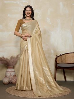 BFM - Beige-Brown Solid Woven Design Linen Blend Saree with Unstitched Blouse