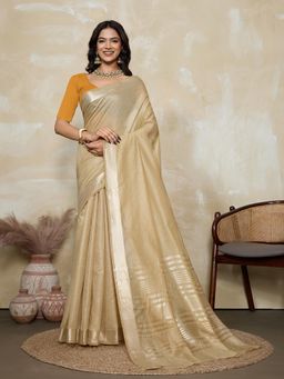 BFM - Beige-Gold Solid Woven Design Linen Blend Saree with Unstitched Blouse