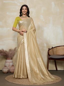 BFM - Beige-Parrot Green Solid Woven Design Linen Blend Saree with Unstitched Blouse