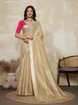 BFM - Beige-Rani Pink Green Solid Woven Design Linen Blend Saree with Unstitched Blouse