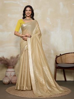 BFM - Beige-Yellow Solid Woven Design Linen Blend Saree with Unstitched Blouse