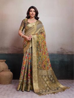 BFM - Olive Tissue Jacquard Floral Woven Traditional Saree with Unstitched Blouse