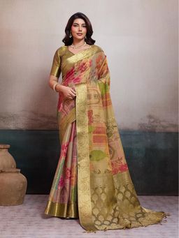 BFM - Olive Tissue Jacquard Floral Woven Traditional Saree with Unstitched Blouse