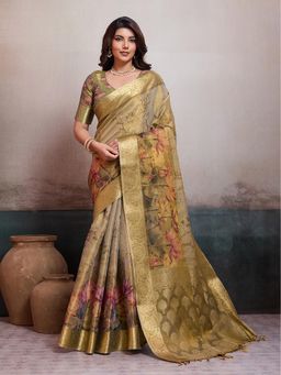 BFM - Green Tissue Jacquard Floral Woven Traditional Saree with Unstitched Blouse