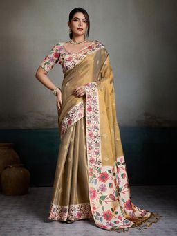 BFM - Golden Floral Printed Border Tissue Jacquard Designer Saree with Unstitched Blouse