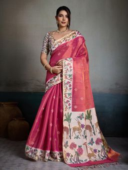 BFM - Rani Pink Floral Printed Border Tissue Jacquard Designer Saree with Unstitched Blouse