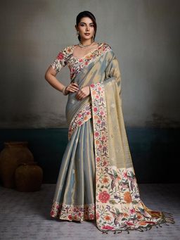 BFM - Grey Floral Printed Border Tissue Jacquard Designer Saree with Unstitched Blouse
