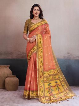 BFM - Orange Printed Heavy Tissue Designer Saree with Unstitched Blouse
