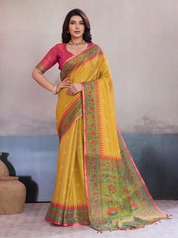 BFM - Yellow Floral Printed Heavy Tissue Designer Saree with Unstitched Blouse