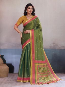 BFM - Green Linen Jacquard Woven Saree with Unstitched Blouse