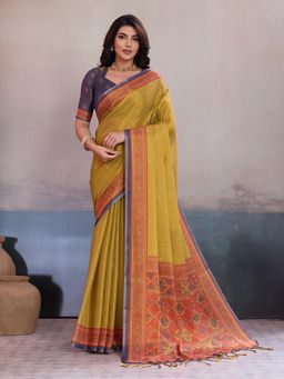 BFM - Yellow Linen Jacquard Woven Saree with Unstitched Blouse