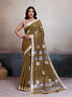 BFM - Olive Linen Jacquard Woven Saree with Unstitched Blouse