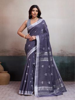 BFM - Grey Linen Jacquard Floral Woven Saree with Unstitched Blouse
