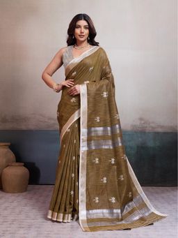 BFM - Olive Linen Jacquard Floral Woven Saree with Unstitched Blouse